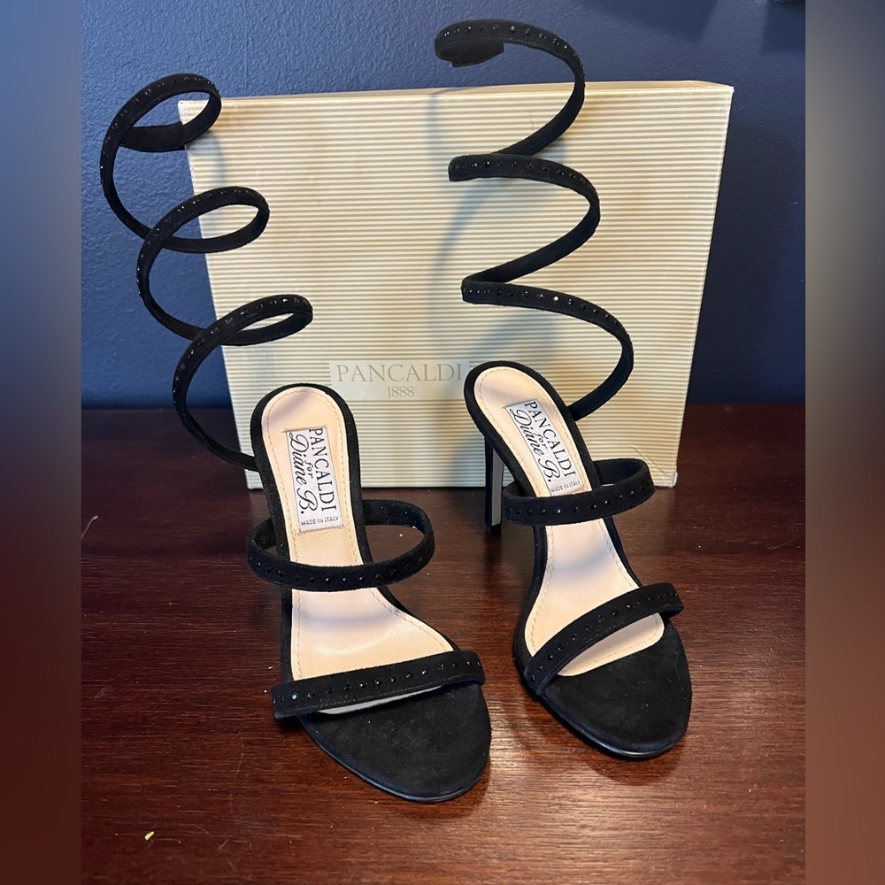 Black Spiral coil Strap Stiletto Heels-brand new never worn -top nyc shoe brand